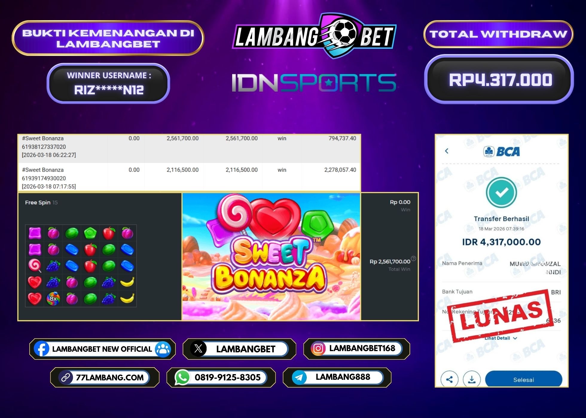 LAMBANGBET [18 MARET 2026] JACKPOT SLOT Sweet Bonanza "Rp4.317.000" LUNAS